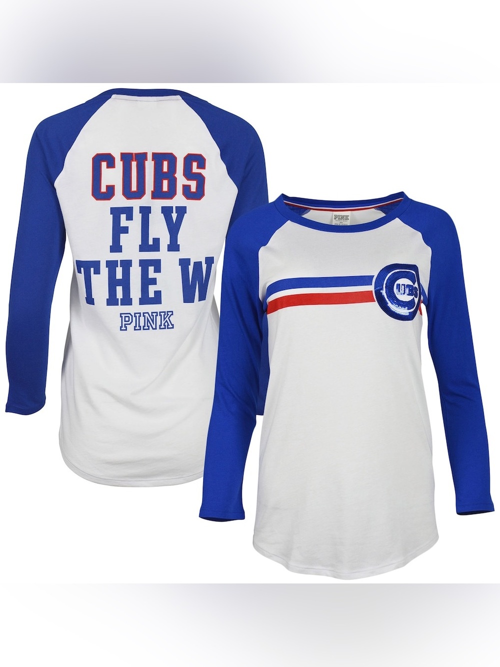PINK Victoria's Secret White, Royal Blue & Red Cubs Raglan Long Sleeve Tee